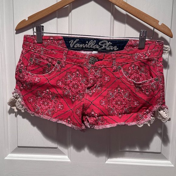 Vanilla Star Pants - Vanilla Star Red Bandana Lace Sides Juniors Jean Shorts Size 9